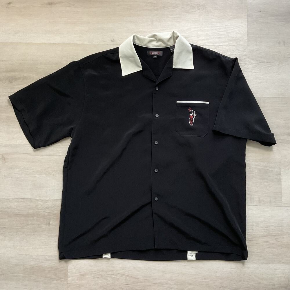 Phillipe Marcel Mens Collared Bowling Shirt Black and White Embroidered XL